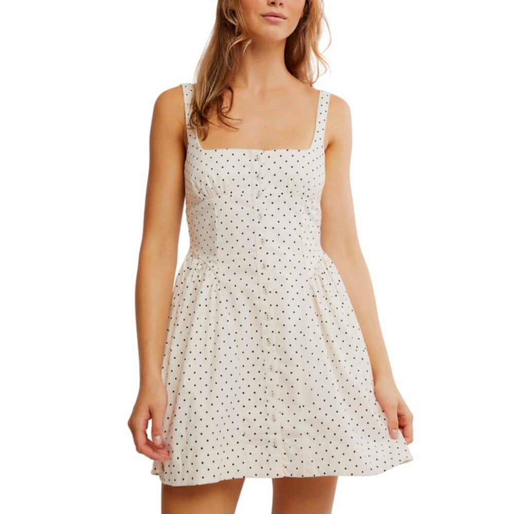Free People Astrid Mini Dress S Polka Dot Pockets Cotton Stretch Ivory Combo - Picture 2 of 15